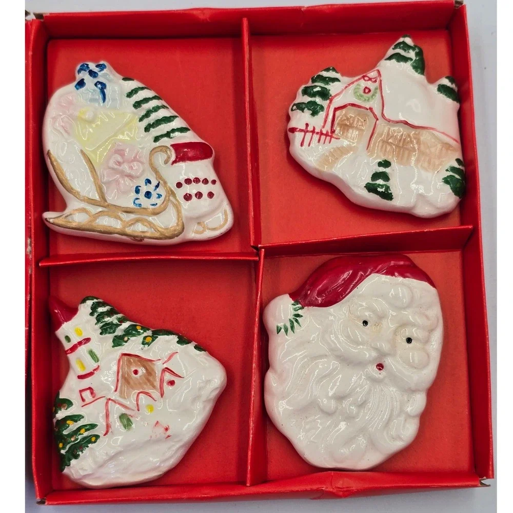 Set of 4 Vintage Christmas Magnets Santa Sleigh Snow Village‎ Holiday Decor